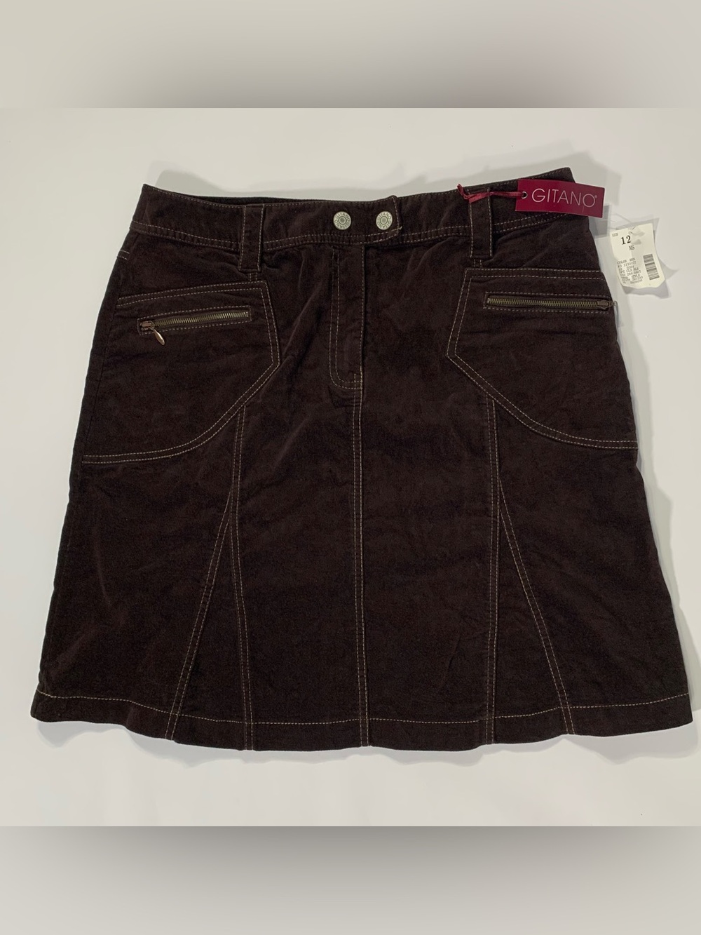Gitano Brown Velvet Skirt Contrast Stitch Zip Pocket Y2K Size 12